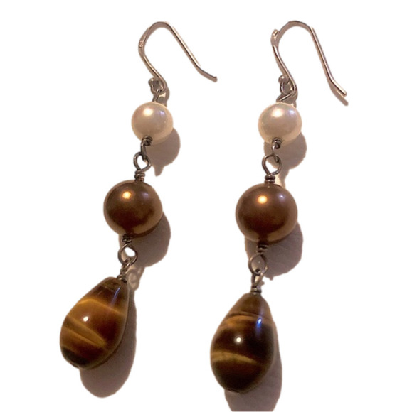 VTG Tigers Eye w White & Brown Pearl Dangle Earrings 2.1” - Picture 1 of 4